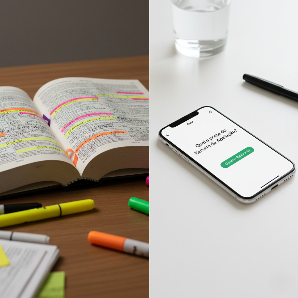 Estudante comparando Vade Mecum grifado com Anki